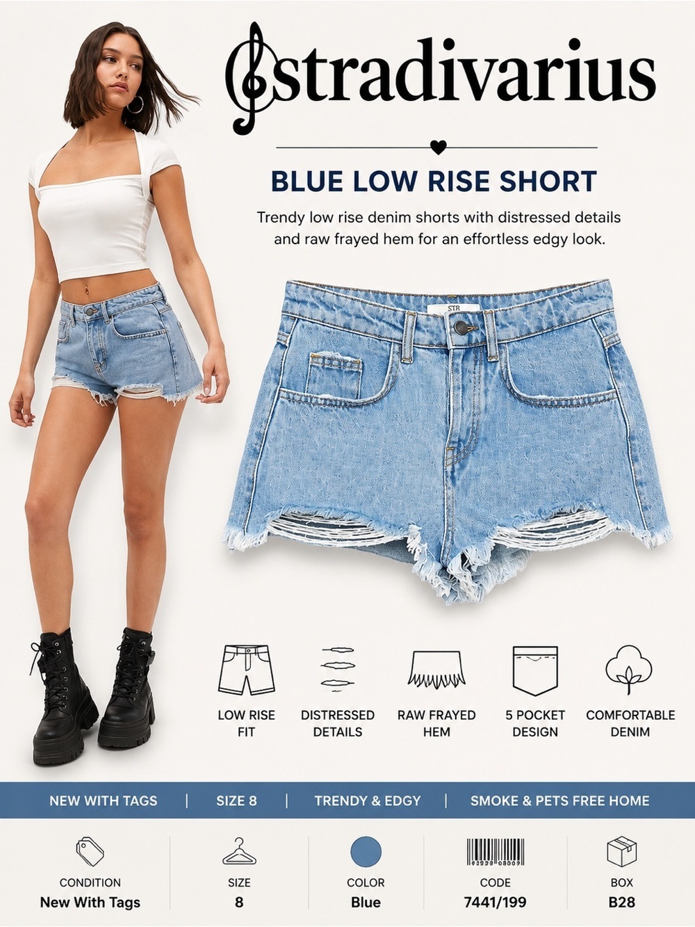 STRADIVARIUS Blue Low Rise Distressed Denim Shorts NWT Size 8